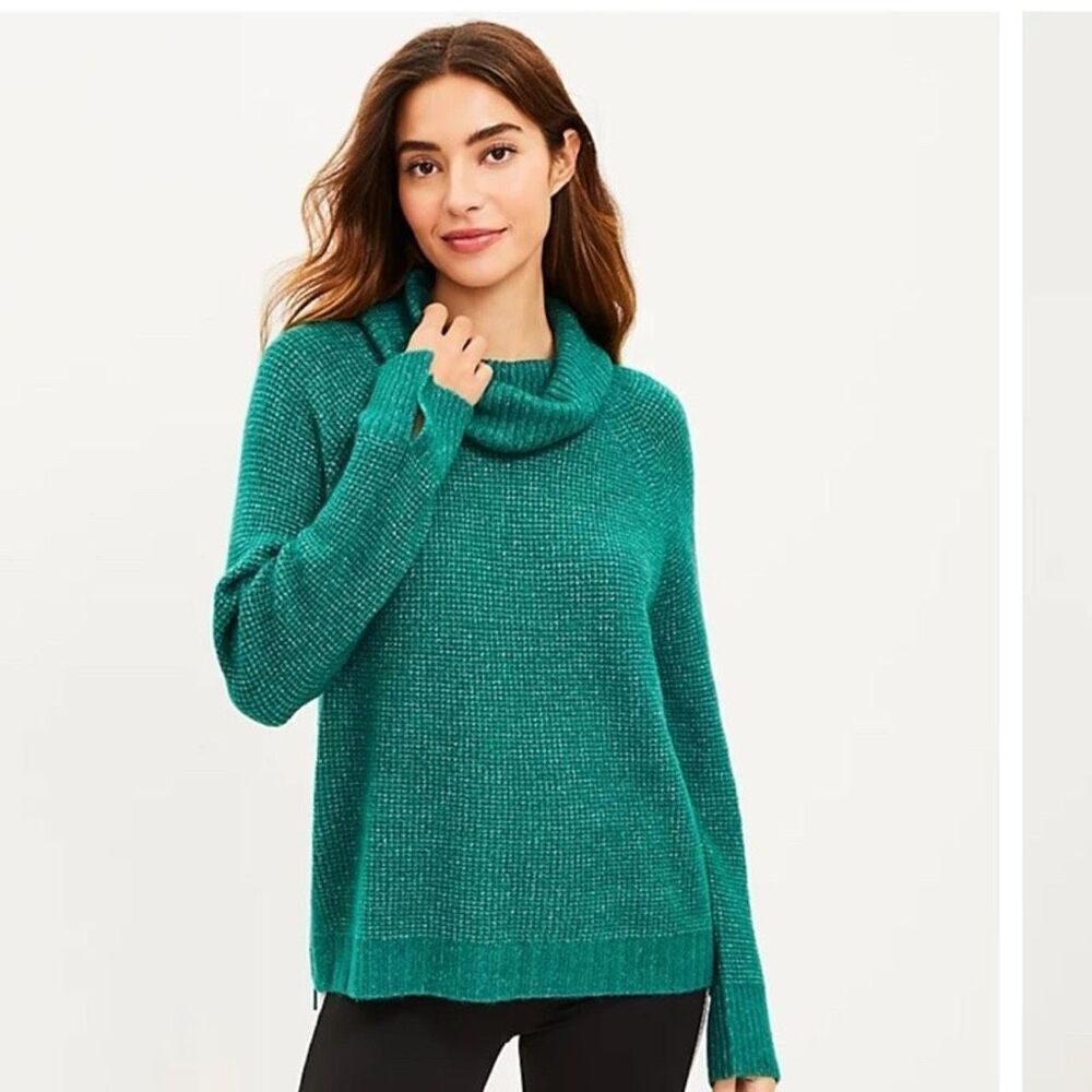 Lou & Grey Side Zip Wafflestitch Turtleneck Green Sz Small Sweater